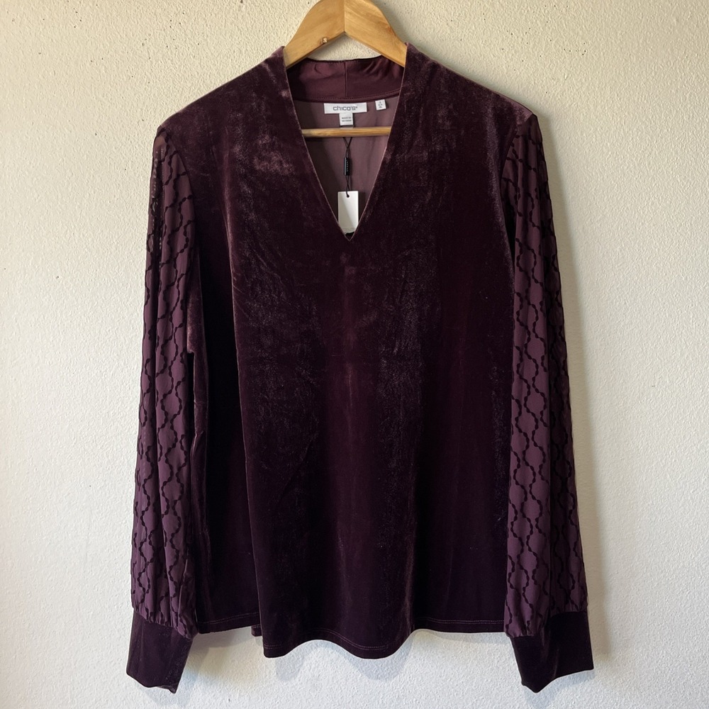 Chico's Velvet Art Deco Burnout Sheer V Neck Blouse Fairy Holiday US XL/3 New - Picture 2 of 9